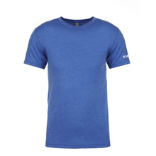 Load image into Gallery viewer, A blue Next Level Tri-Blend Crew t-shirt with the brand's logo on the sleeve.