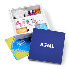 Load image into Gallery viewer, ASML branded educational kit with books and colorful components on a white background