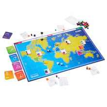 Load image into Gallery viewer, Board game set with world map and various game pieces on a white background