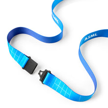 Load image into Gallery viewer, Blue lanyard with black clip on a white background, featuring the ASML logo.