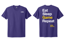 Load image into Gallery viewer, Purple t-shirt with &#39;ASML&#39; logo on front and &#39;Eat Sleep Game Repeat&#39; text on back