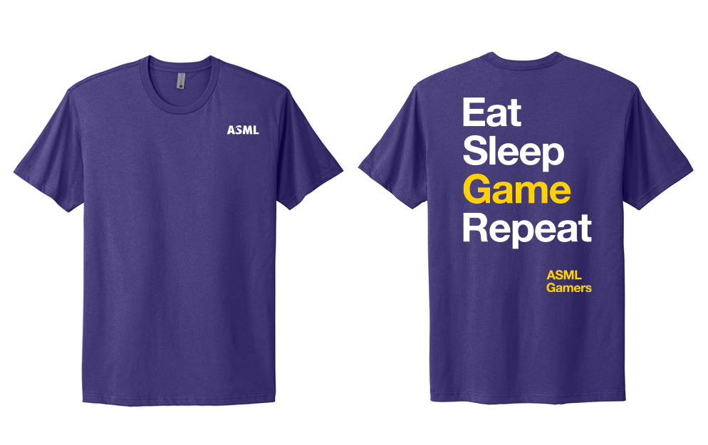 Purple t-shirt with 'ASML' logo on front and 'Eat Sleep Game Repeat' text on back