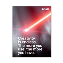Load image into Gallery viewer, ASML advertisement with a red light beam and motivational quote on a dark background