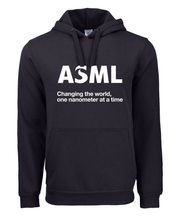 Load image into Gallery viewer, Black hoodie with ASML logo and text on a white background