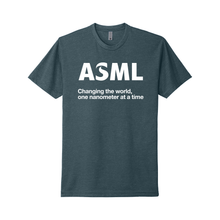 Load image into Gallery viewer, Dark blue t-shirt with &#39;ASML&#39; and slogan on a white background