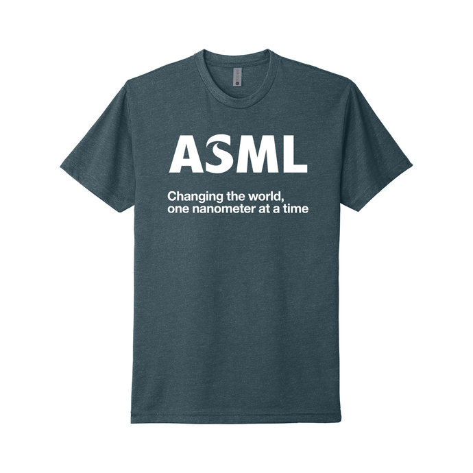 Dark blue t-shirt with 'ASML' and slogan on a white background