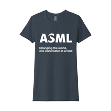 Load image into Gallery viewer, Navy t-shirt with ASML logo and text on a white background