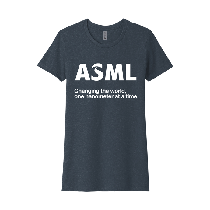 Navy t-shirt with ASML logo and text on a white background