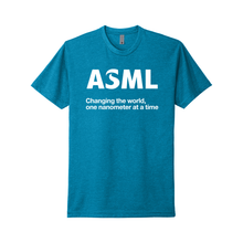Load image into Gallery viewer, Blue t-shirt with &#39;ASML&#39; logo and text on a white background