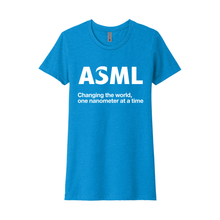 Load image into Gallery viewer, Blue t-shirt with ASML logo and text on a white background