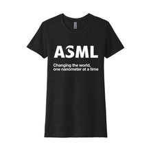 Load image into Gallery viewer, Black t-shirt with ASML logo and text on a white background
